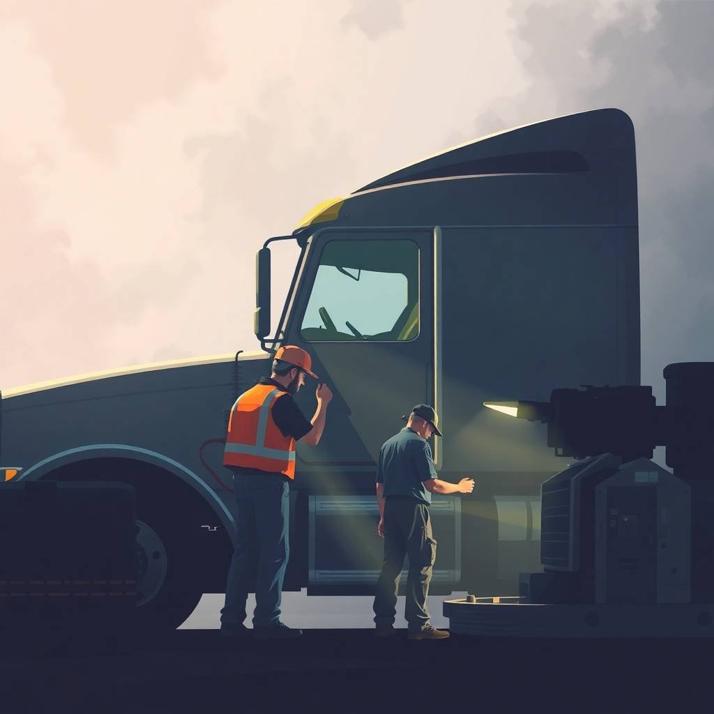 Truck driver and mechanic inspect a semi-truck in dramatic lighting, representing FMCSA DataQ Challenges: How to Correct Violations.