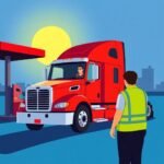Red semi-truck at fuel station with driver and safety officer present, representing FMCSA DataQ Challenges: How to Correct Violations.