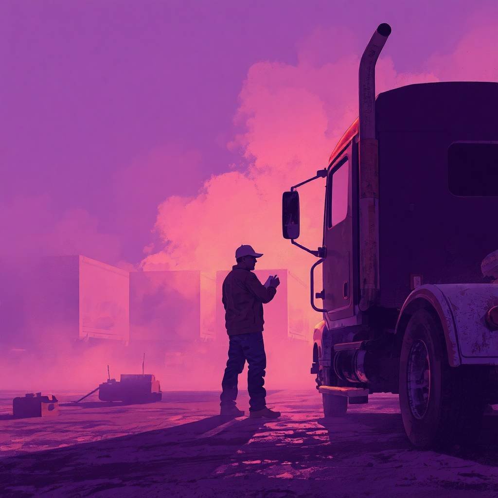 Truck driver inspects semi-truck in a smoky yard, illustrating FMCSA DataQ Challenges: How to Correct Violations.