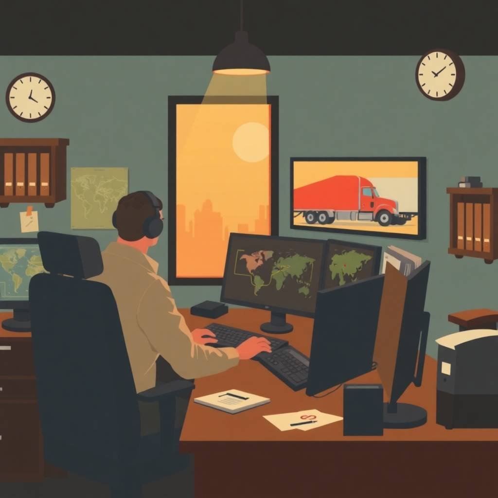 FMCSA Hours of Service Exemptions illustrated with a dispatcher monitoring truck routes in a logistics office.