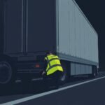 FMCSA Hours of Service Exemptions illustrated by a DOT officer inspecting a semi-truck at night.