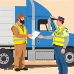 FMCSA Hours of Service Exemptions documentation exchange between truck driver and DOT officer beside a blue semi-truck.