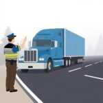 FMCSA Hours of Service Exemptions inspection of a semi-truck by a DOT officer on a foggy roadside.