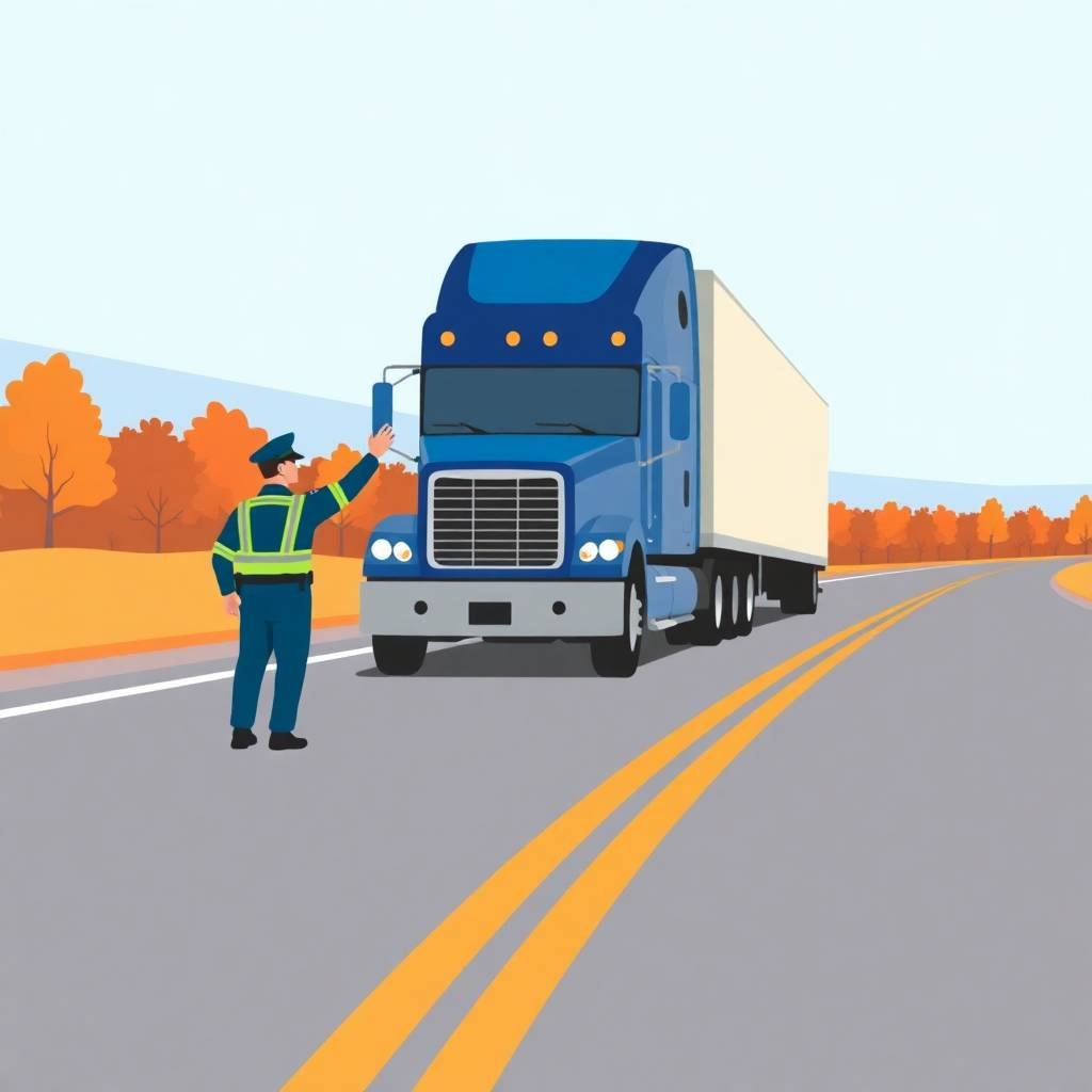FMCSA Hours of Service Exemptions visualized as a DOT officer flags down a semi-truck on a rural highway.