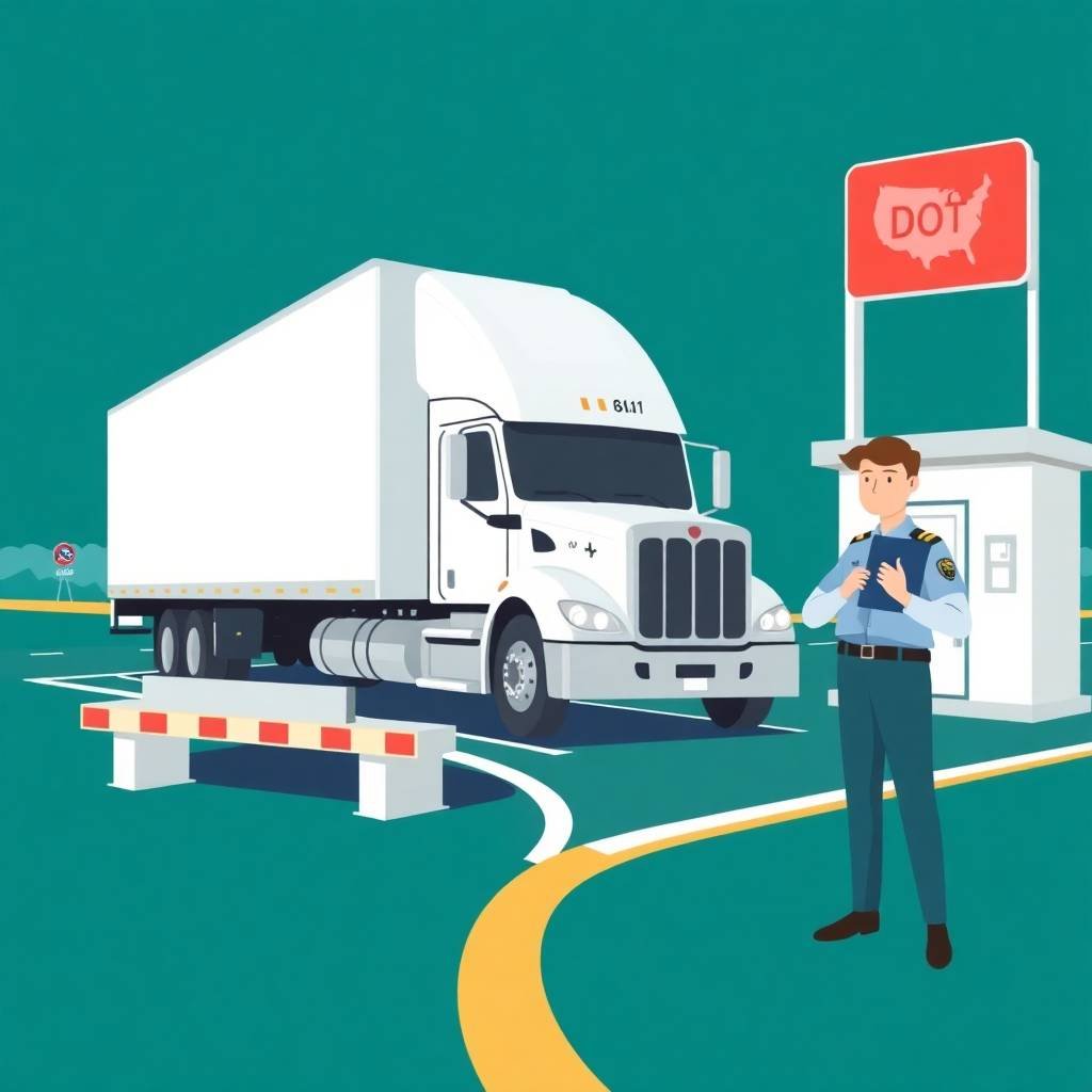 FMCSA Hours of Service Exemptions illustrated with a DOT officer inspecting a semi-truck at a weigh station.