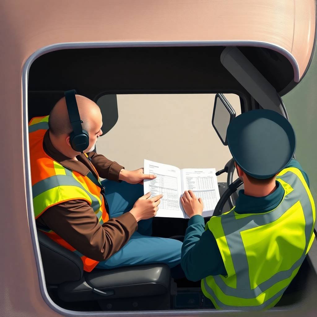FMCSA Hours of Service Exemptions shown in a logbook review between a truck driver and DOT officer inside a vehicle cab.