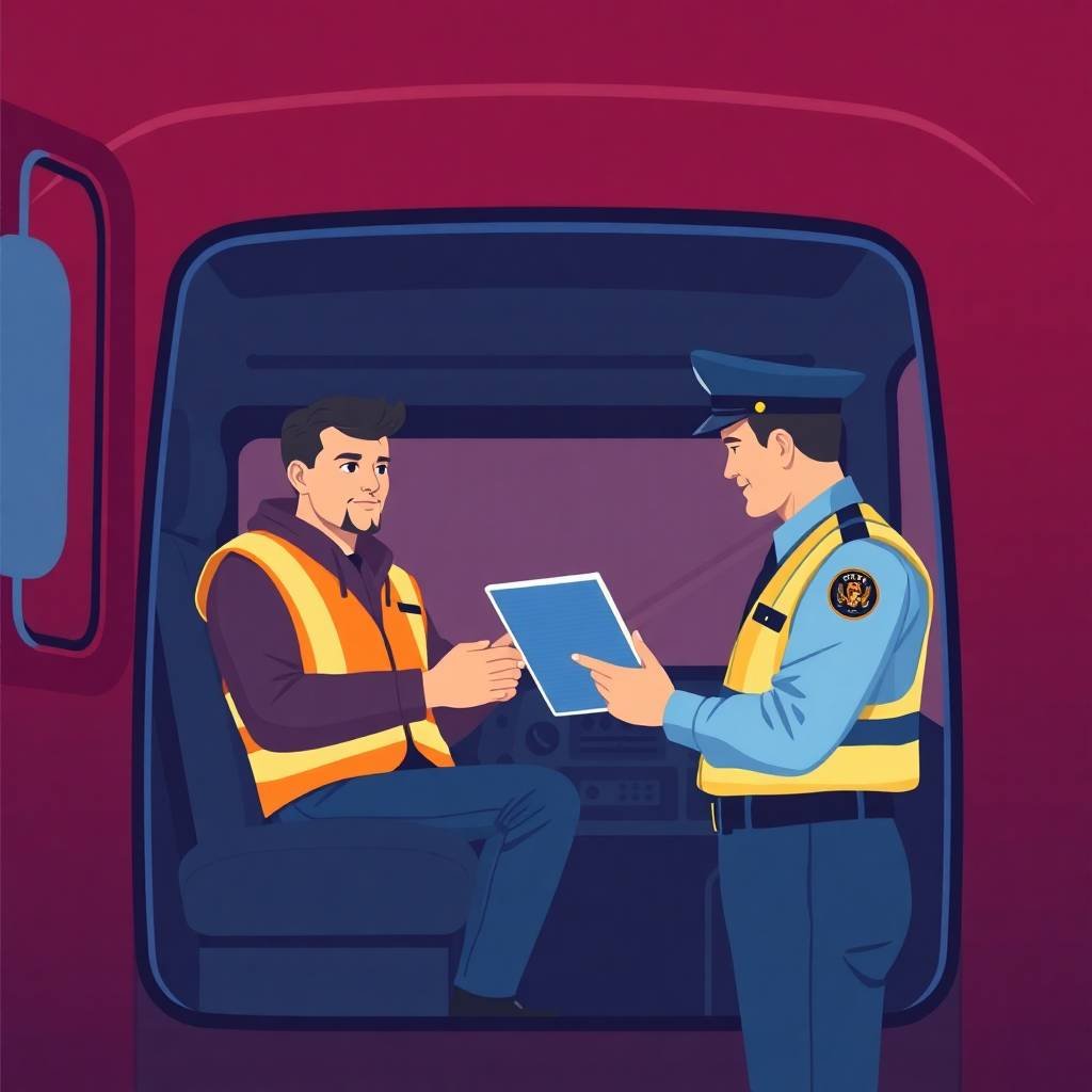 FMCSA Hours of Service Exemptions illustrated as a DOT officer checks a truck driver’s logbook inside a cab.