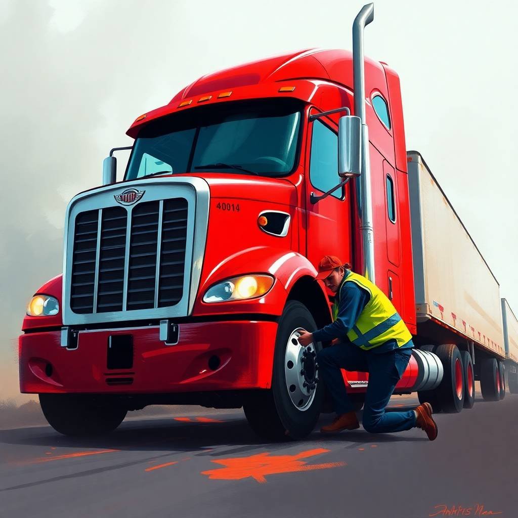 FMCSA Hours of Service Exemptions illustrated with a truck driver inspecting a red semi-truck tire on a misty road.