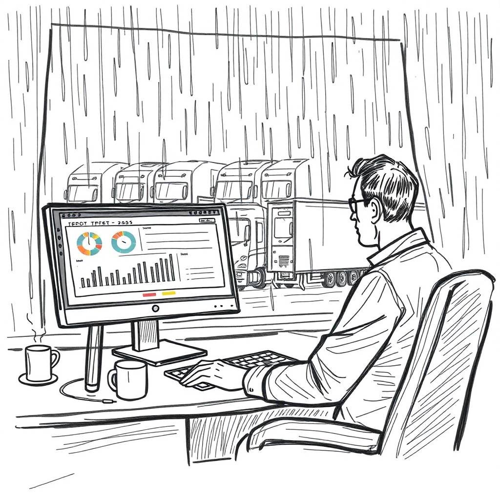 FMCSA Insurance Filing Requirements analysis by fleet manager at desk during rainy day