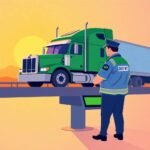 FMCSA PIN Request Process depicted with a DOT officer monitoring a green semi-truck on a scale at sunset
