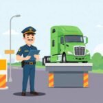 FMCSA PIN Request Process illustrated with a DOT officer inspecting a green semi-truck on a roadside scale platform