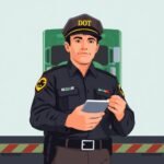 FMCSA PIN Request Process featuring a DOT officer holding a tablet in front of a green semi-truck on a scale platform
