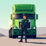 FMCSA PIN Request Process illustrated with a DOT officer standing confidently in front of a green semi-truck on a remote highway