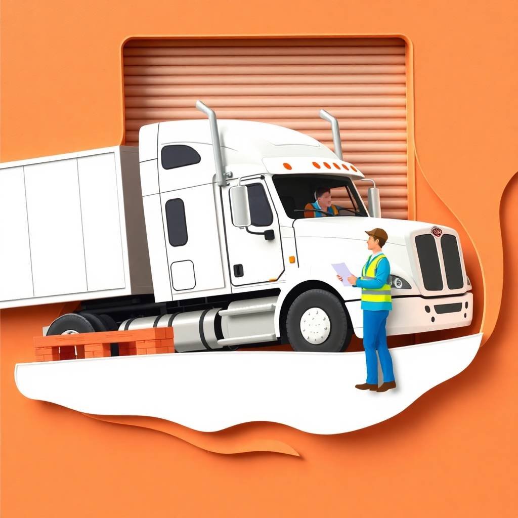 FMCSA PIN Request Process showing a truck driver and dock worker interacting beside a white semi-truck at a warehouse dock