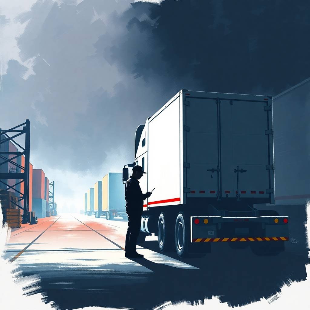 FMCSA PIN Request Process shown as a silhouetted truck driver inspecting a white semi-truck at a foggy warehouse dock