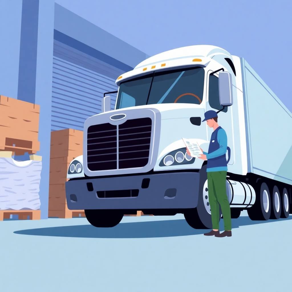 FMCSA PIN Request Process illustrated with a truck driver reviewing a document beside a white semi-truck at a warehouse dock