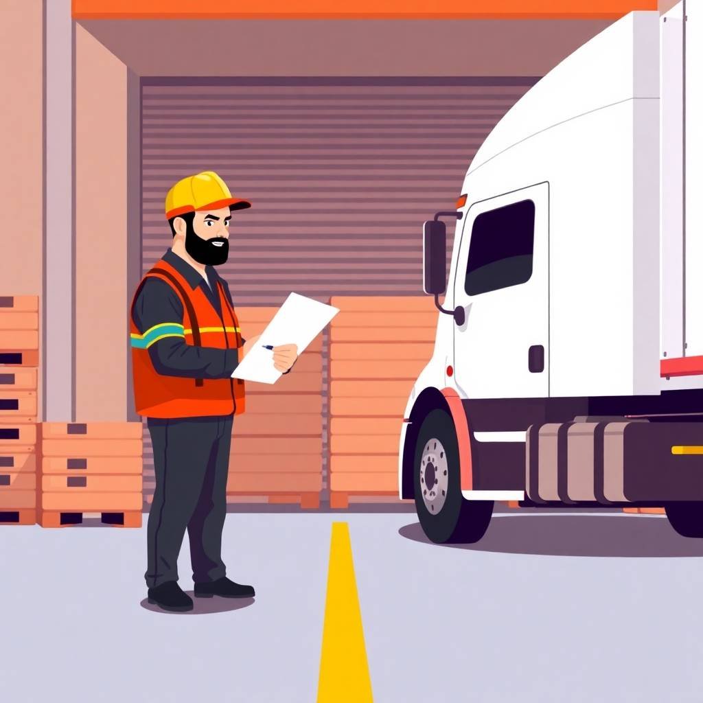 FMCSA PIN Request Process shown as a dock worker inspecting a white semi-truck with a clipboard near a warehouse