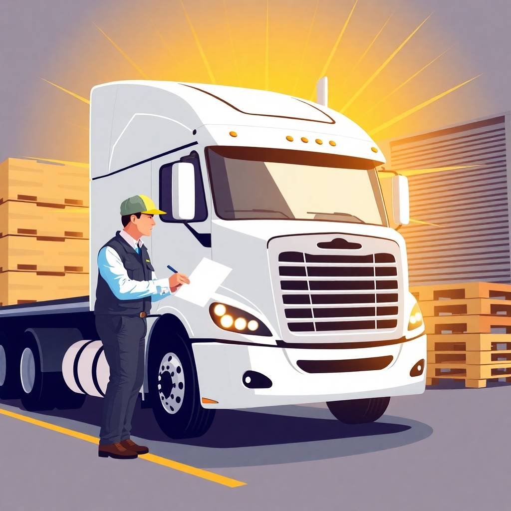 FMCSA PIN Request Process depicted with a dock worker inspecting a white semi-truck in front of a warehouse under a golden glow