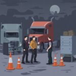 FMCSA PIN Request Process illustrated with a truck yard scene at night featuring trucking company personnel and parked trucks