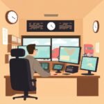 Dispatcher at earth-tone workstation monitoring maps and fleet activity for FMCSA Portal Registration