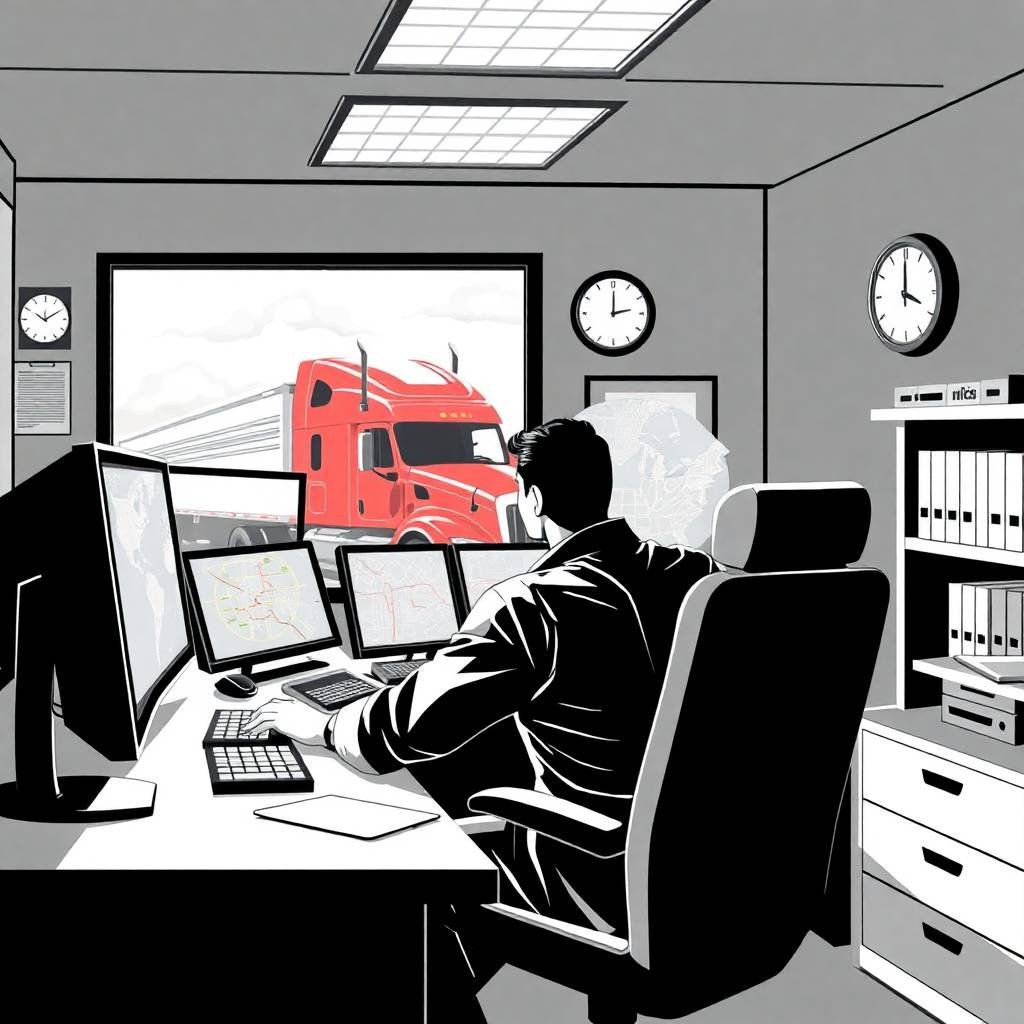 Dispatcher in black and white control room monitoring semi-truck logistics for FMCSA Portal Registration