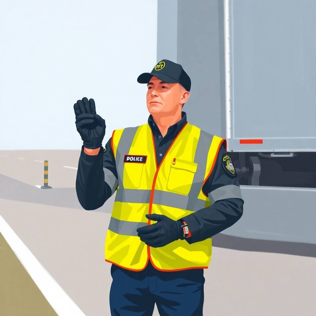 DOT officer in reflective vest inspecting a semi-truck on the highway, illustrating FMCSA Portal Registration