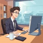 Fleet manager at desk processing FMCSA Portal Registration on computer