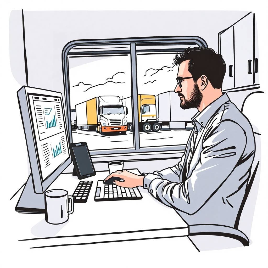 Fleet manager analyzing truck logistics data on screen for FMCSA Portal Registration