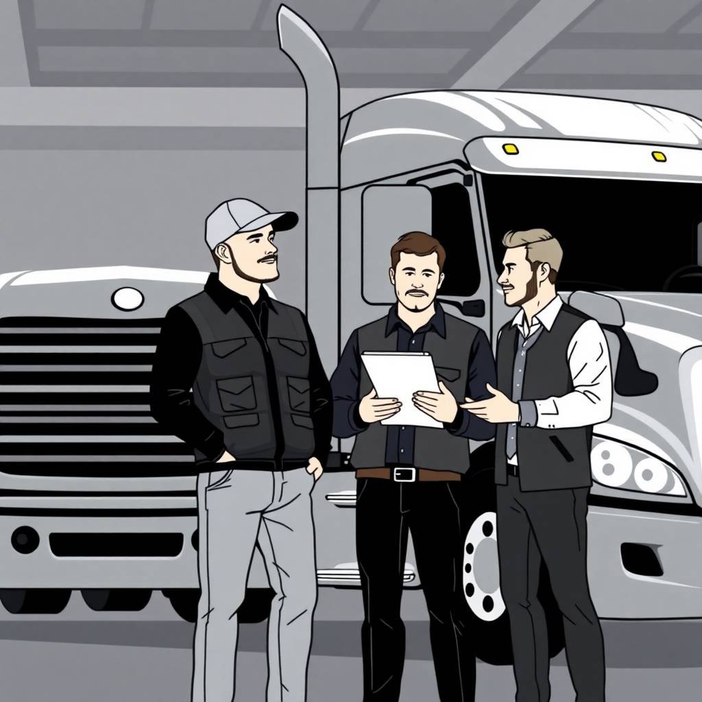 Fleet managers and driver discussing FMCSA Portal Registration paperwork in front of a semi-truck