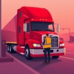 Truck driver refueling red semi-truck at sunset truck stop during FMCSA Portal Registration process