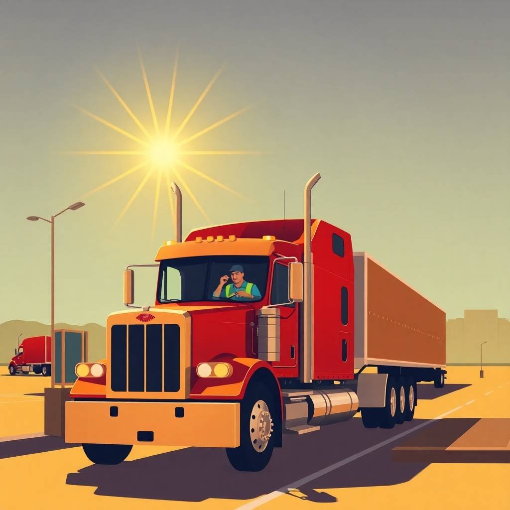 Red semi-truck driver in safety vest at a truck stop under golden light, representing FMCSA Portal Registration