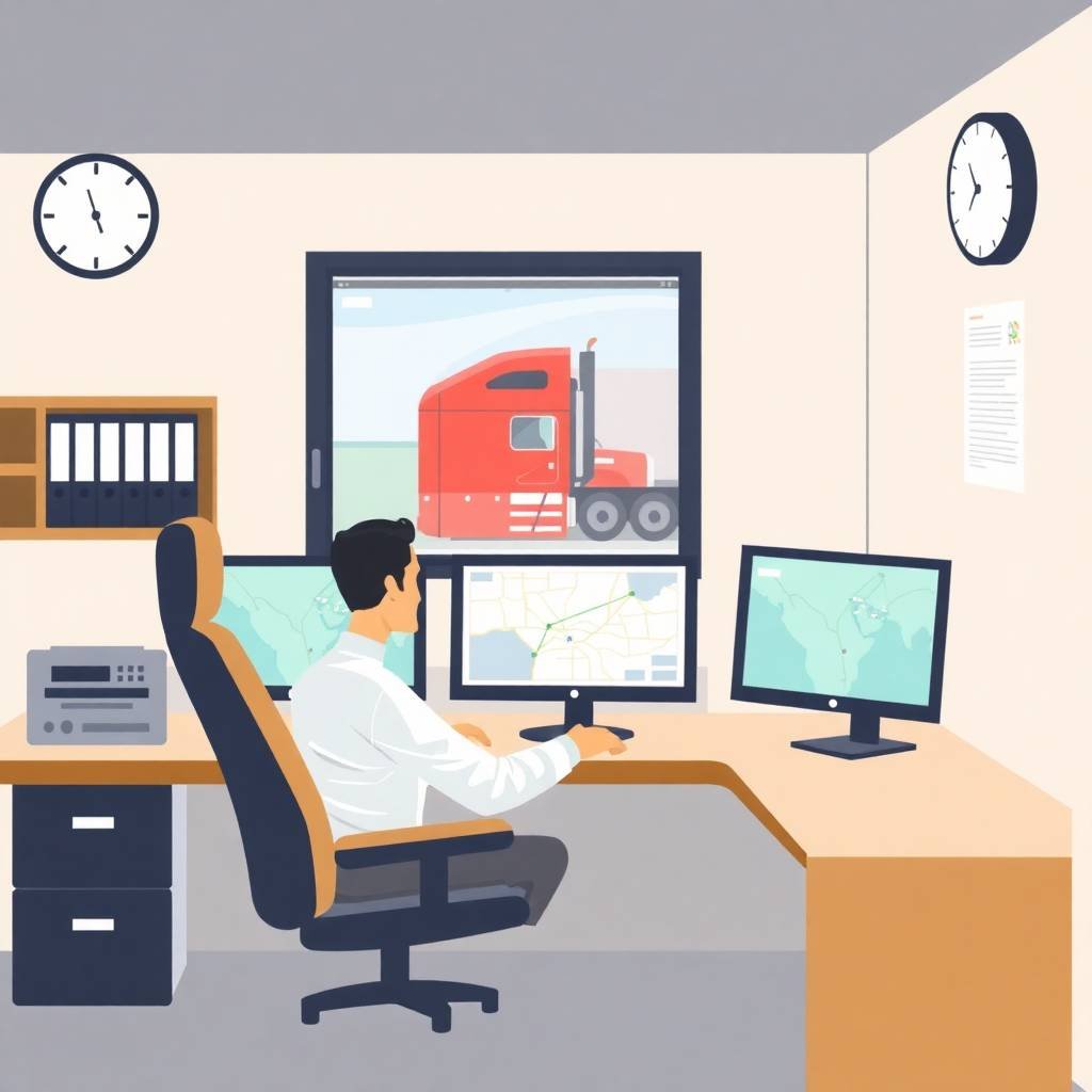 Dispatcher at workstation tracking truck routes on monitors for FMCSA Portal Registration