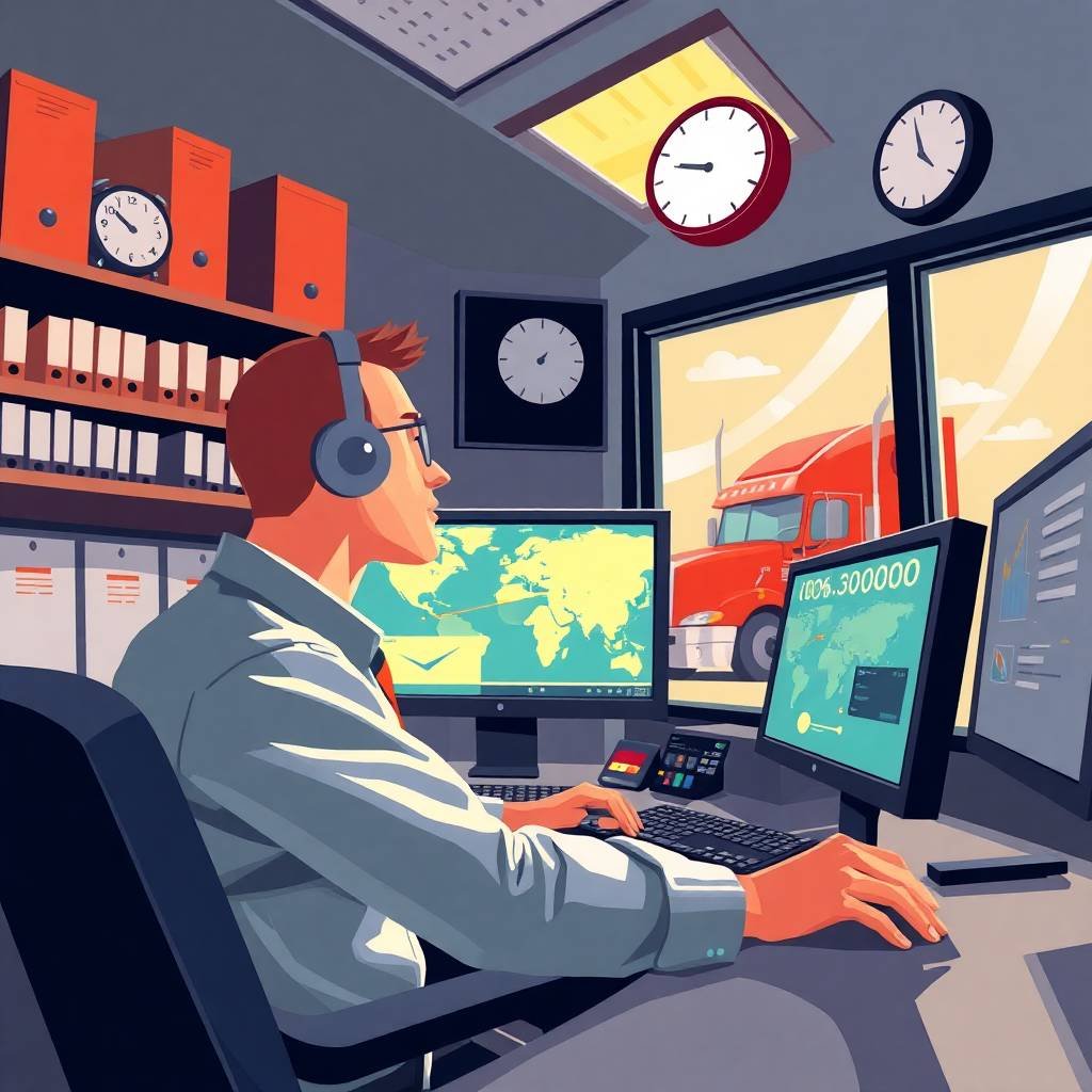 Dispatcher monitoring trucks at a digital workstation, representing FMCSA Portal Registration