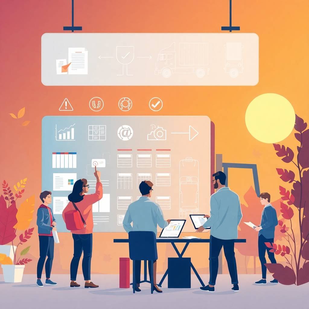 Logistics professionals collaborating on FMCSA Safety Measurement System (SMS) compliance at a high-tech board, with charts, icons, and futuristic visuals