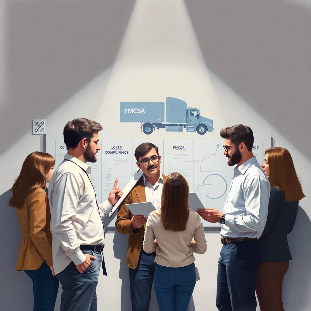 Logistics professionals discussing FMCSA Safety Measurement System (SMS) compliance around a highlighted board featuring charts, checklists, and visual aids