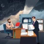 Compliance officer reviewing records under FMCSA Safety Measurement System (SMS) in a dramatic illustration showing a trucking owner facing compliance challenges