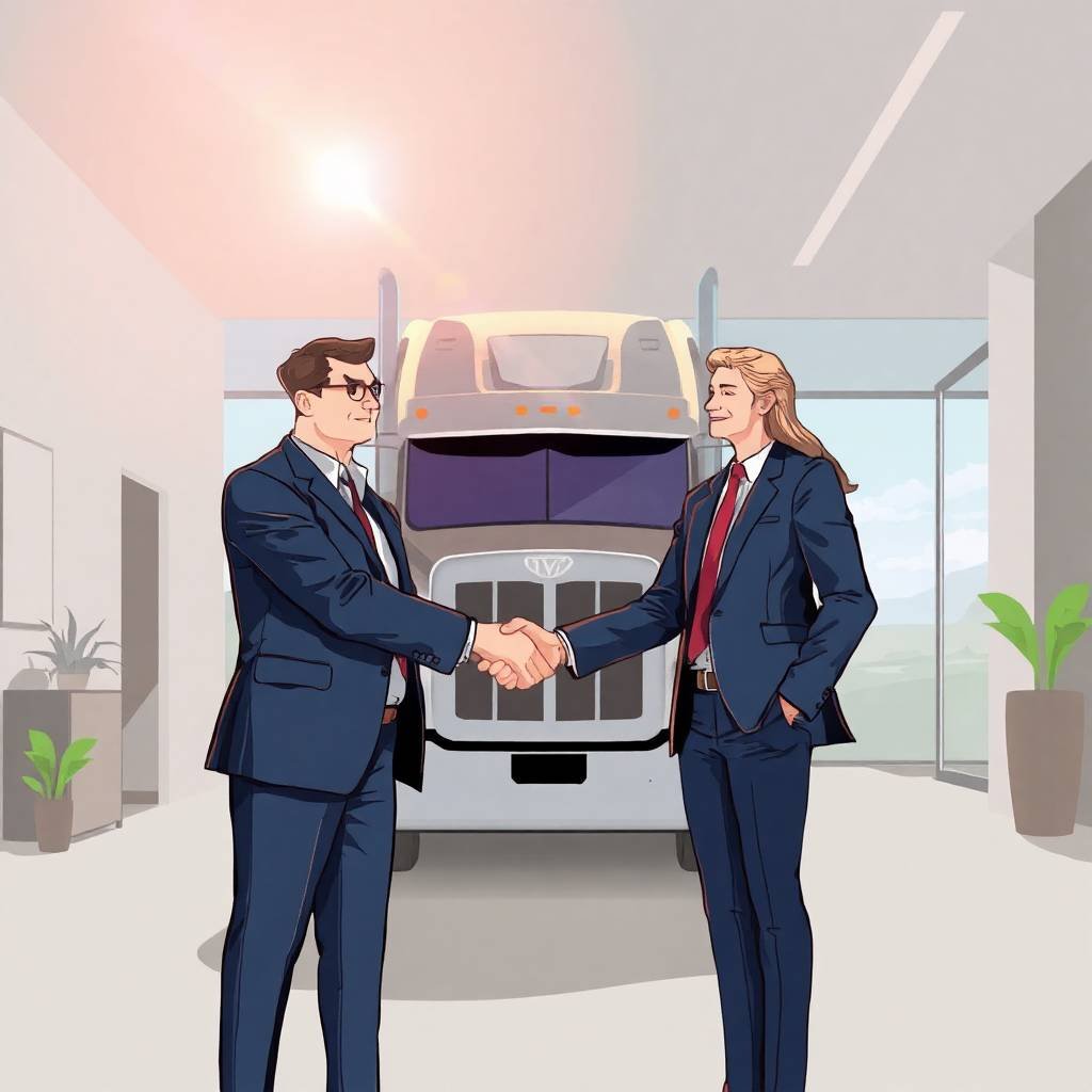 Illustration highlighting FMCSA Safety Measurement System (SMS) compliance through a handshake between a trucking professional and a compliance expert in a modern office setting.