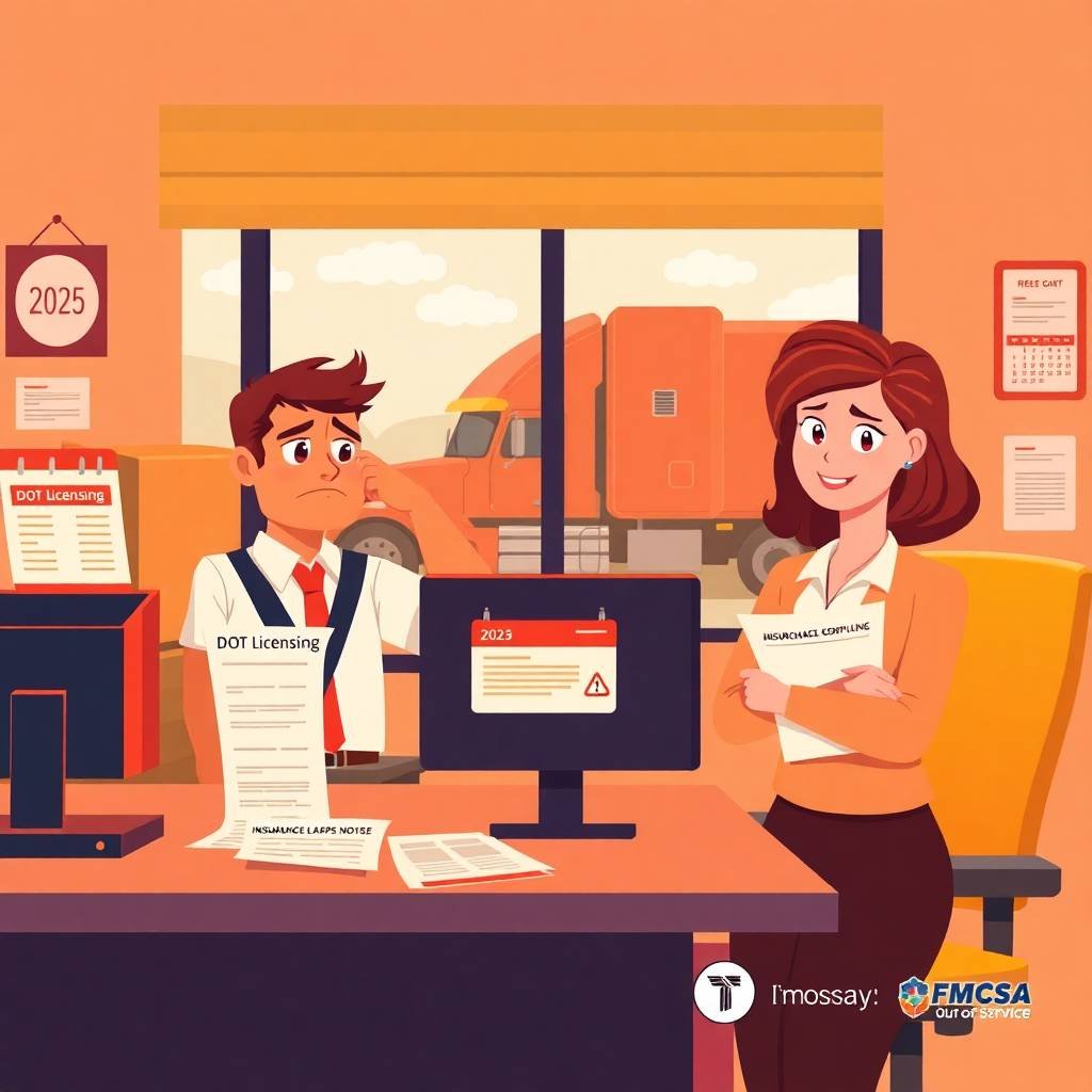Illustration of a trucking office scene highlighting FMCSA Safety Measurement System (SMS) compliance, with a worried driver and confident consultant