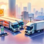 Electric trucks at charging stations in a futuristic smart city, highlighting FMCSA Safety Measurement System (SMS).