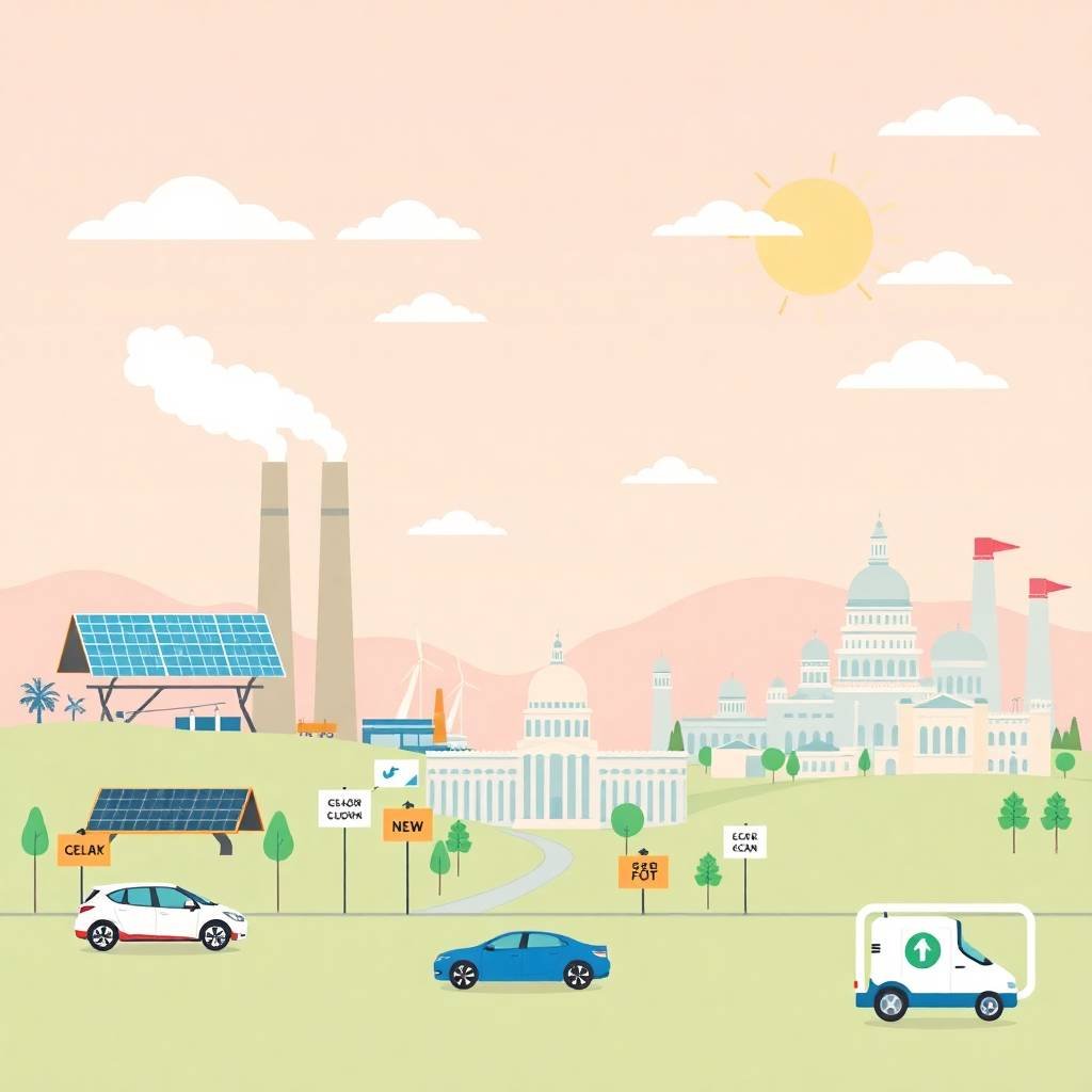 Illustration showcasing FMCSA Safety Measurement System (SMS) in the context of California emissions compliance, highlighting solar panels, electric vehicles, and industrial lobbying.