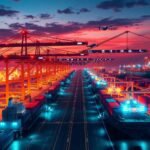 Futuristic smart port showcasing automated logistics aligned with FMCSA Safety Measurement System (SMS)