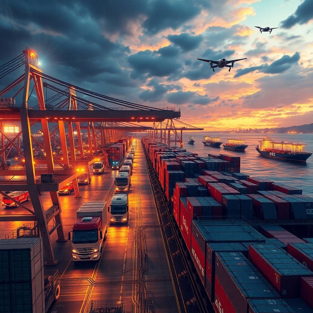 Futuristic smart port at dusk highlighting FMCSA Safety Measurement System (SMS) with self-driving trucks, AI drones, and automated cranes.