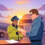 A DOT officer and trucking manager reviewing documents on a tablet during an FMCSA Clearinghouse Compliance safety audit.
