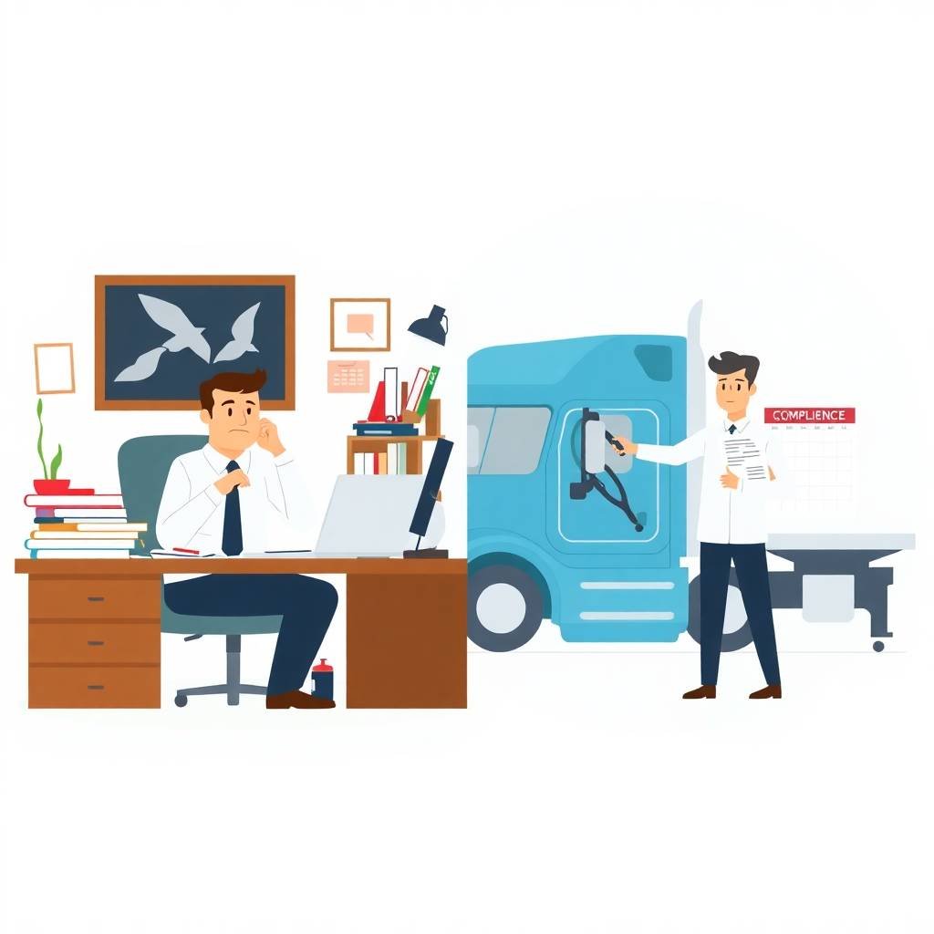 Split illustration showing a worried office manager and a confident compliance officer handling FMCSA Clearinghouse Compliance.