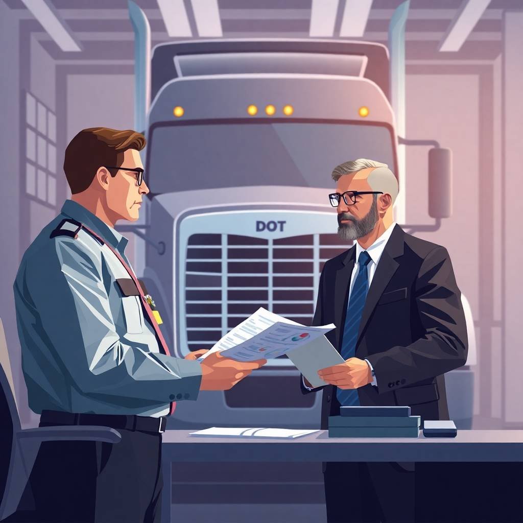 A DOT compliance officer and a trucking manager reviewing documents during an FMCSA Clearinghouse Compliance inspection.