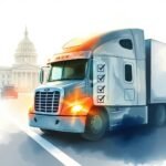 A semi-truck with a compliance checklist drives past a government building, symbolizing FMCSA Clearinghouse Compliance.