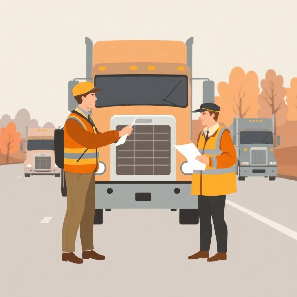 How to Correct FMCSA Violations illustrated by a truck driver handing documents to a DOT officer in an autumn roadside scene