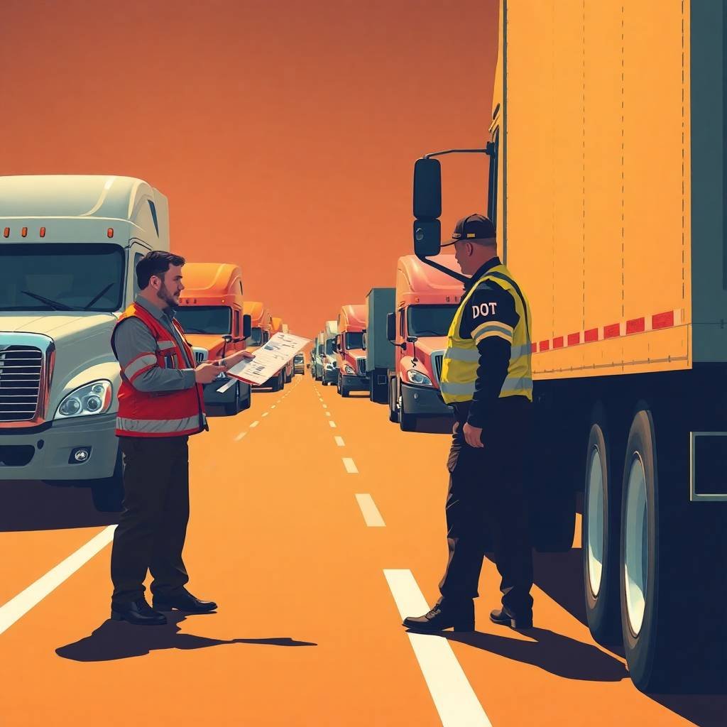 How to Correct FMCSA Violations visualized with a truck driver handing documents to a DOT officer during a highway inspection scene