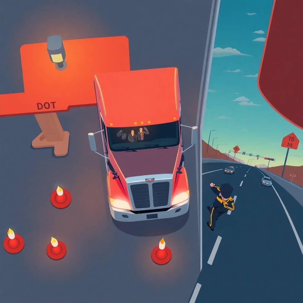 How to Correct FMCSA Violations shown in an overhead illustration of a DOT officer inspecting a semi-truck at a roadside weigh station