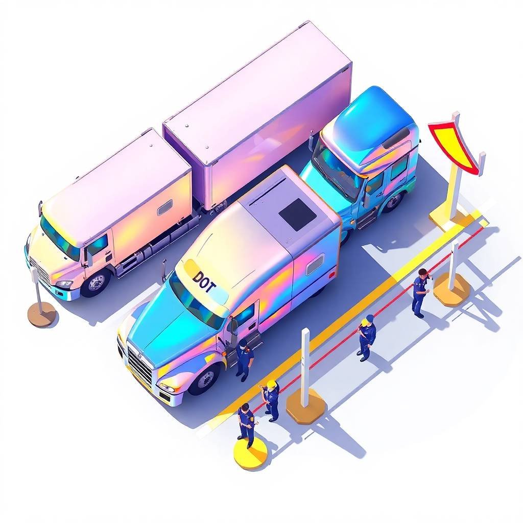 How to Correct FMCSA Violations illustrated with an iridescent top-down view of a DOT inspection station and semi-trucks
